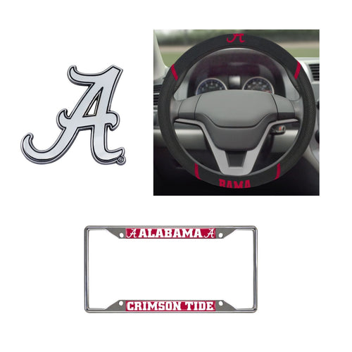 Alabama Crimson Tide Steering Wheel Cover, License Plate Frame, 3D Chrome Emblem - Team Auto Mats