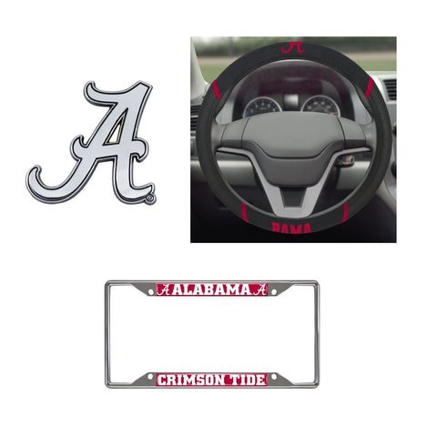 Alabama Crimson Tide Steering Wheel Cover, License Plate Frame, 3D Chrome Emblem