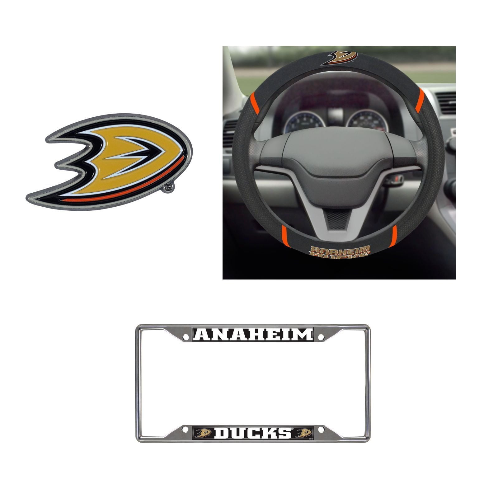 Anaheim Ducks Steering Wheel Cover, License Plate Frame, 3D Color Emblem