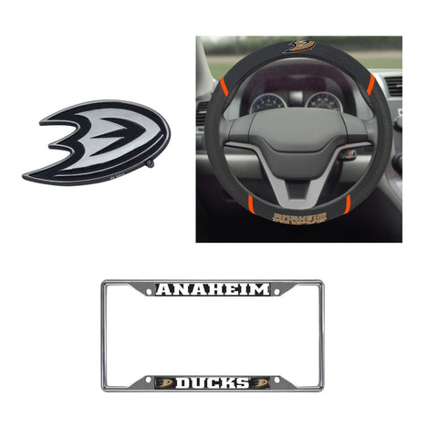 Anaheim Ducks Tide Steering Wheel Cover, License Plate Frame, 3D Chrome Emblem