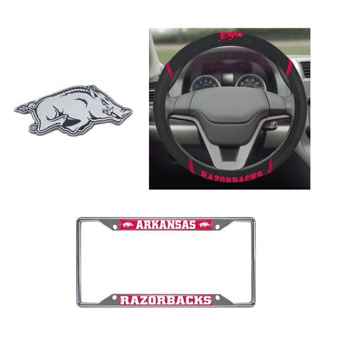 Arkansas Razorbacks Steering Wheel Cover, License Plate Frame, 3D Chrome Emblem