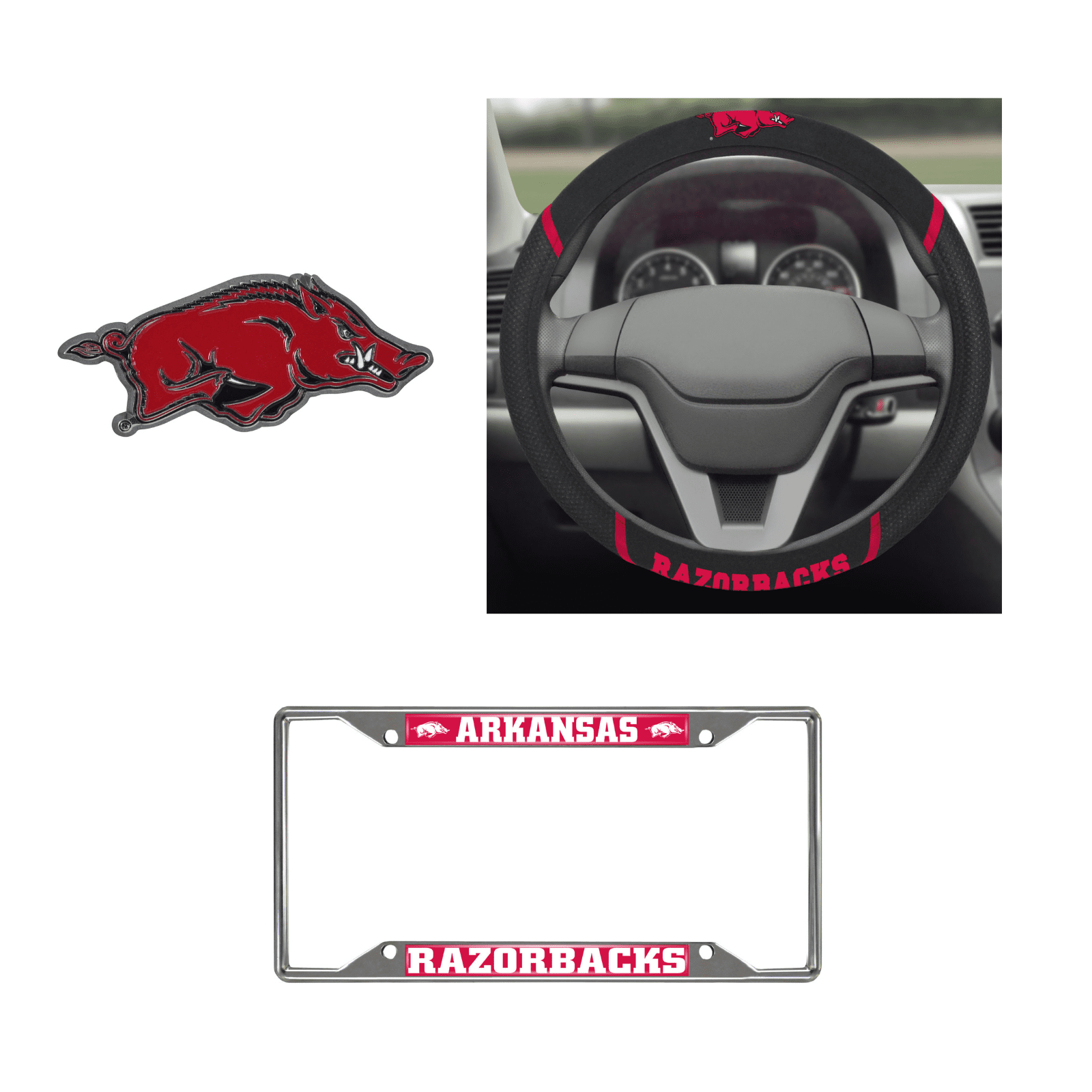 Arkansas Razorbacks Steering Wheel Cover, License Plate Frame, 3D Color Emblem