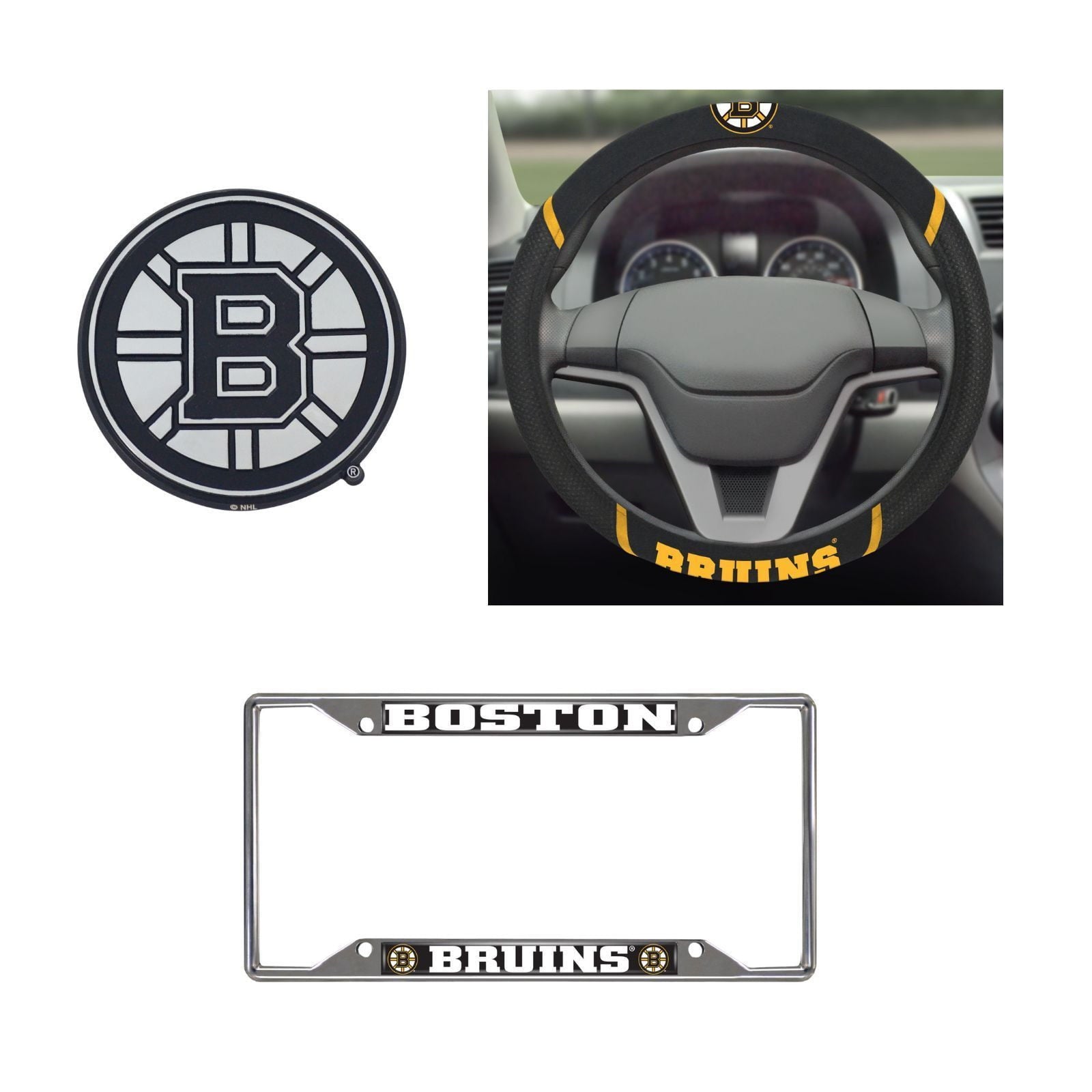 Boston Bruins Tide Steering Wheel Cover, License Plate Frame, 3D Chrome Emblem