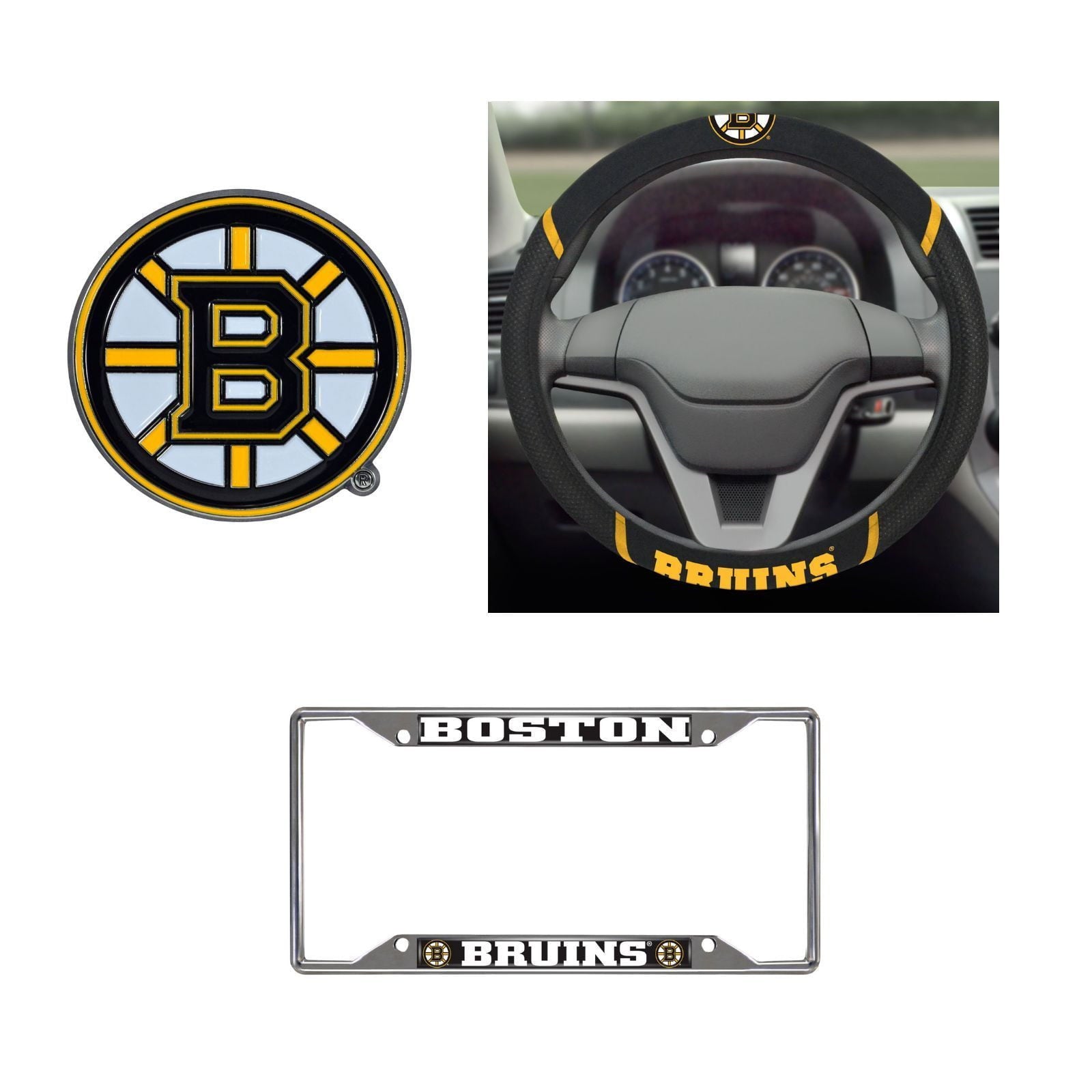 Boston Bruins Steering Wheel Cover, License Plate Frame, 3D Color Emblem