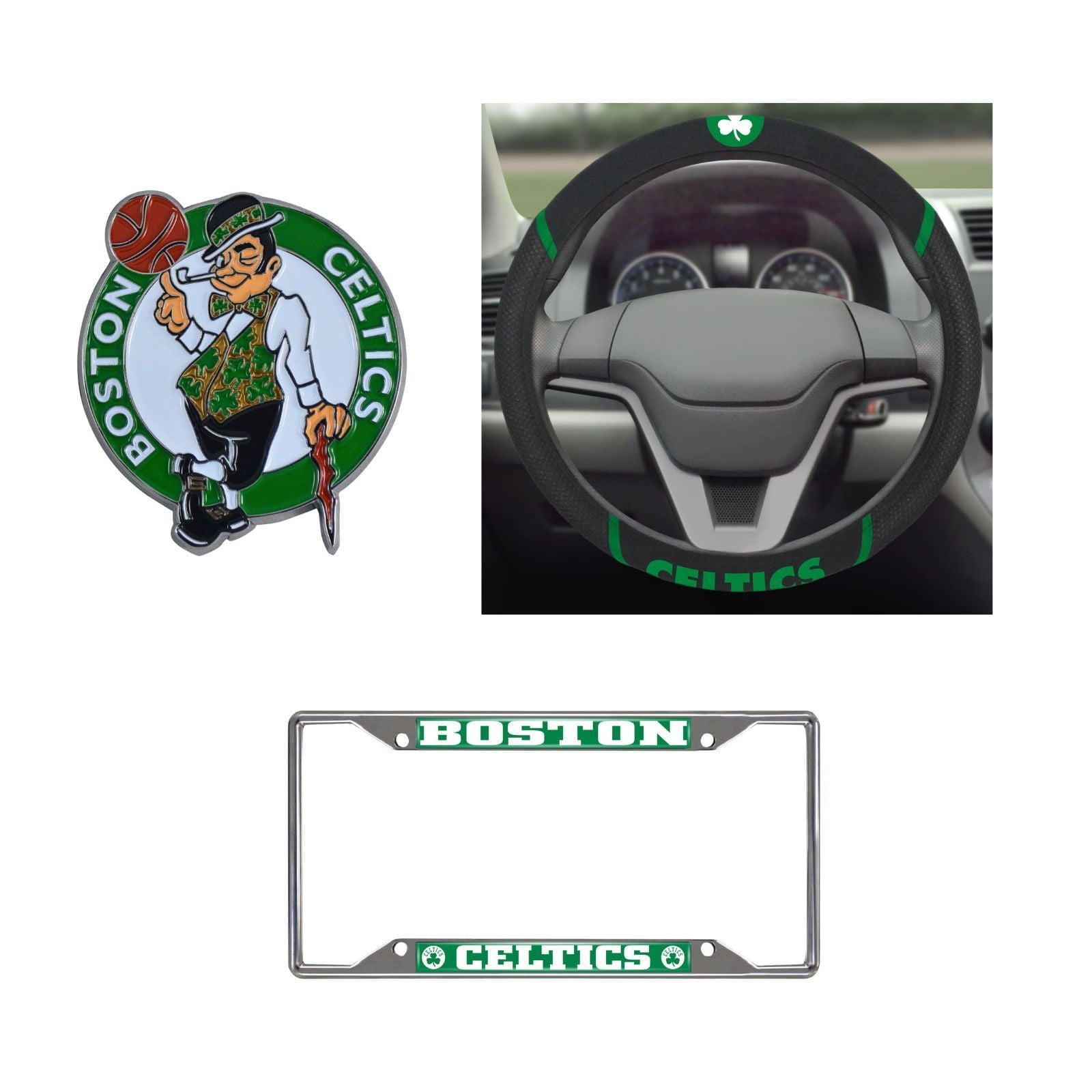 Boston Celtics Steering Wheel Cover, License Plate Frame, 3D Color Emblem