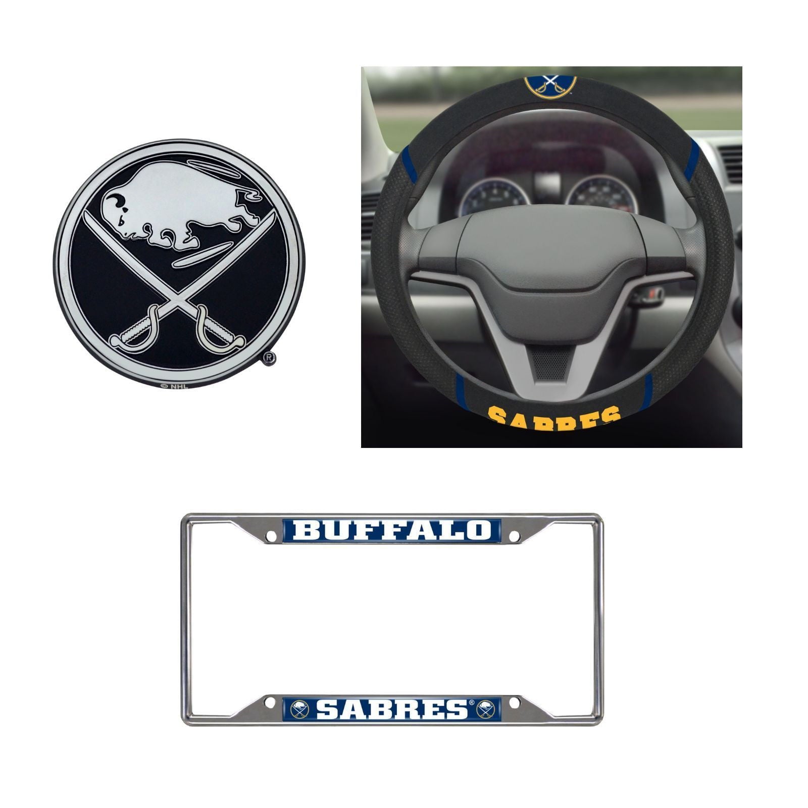 Buffalo Sabres Steering Wheel Cover, License Plate Frame, 3D Chrome Emblem