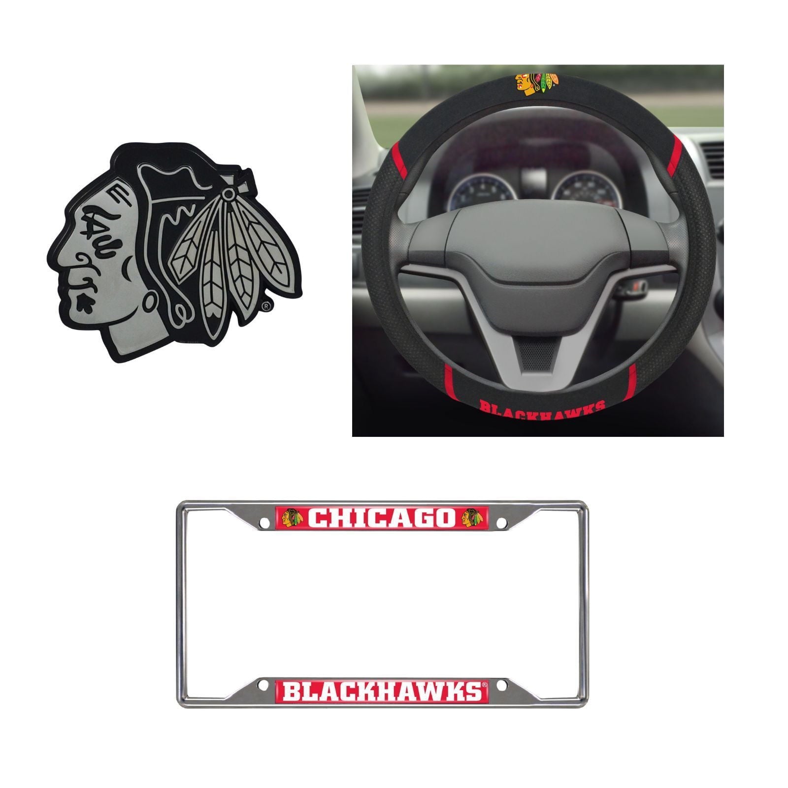 Chicago Blackhawks Steering Wheel Cover, License Plate Frame, 3D Chrome Emblem