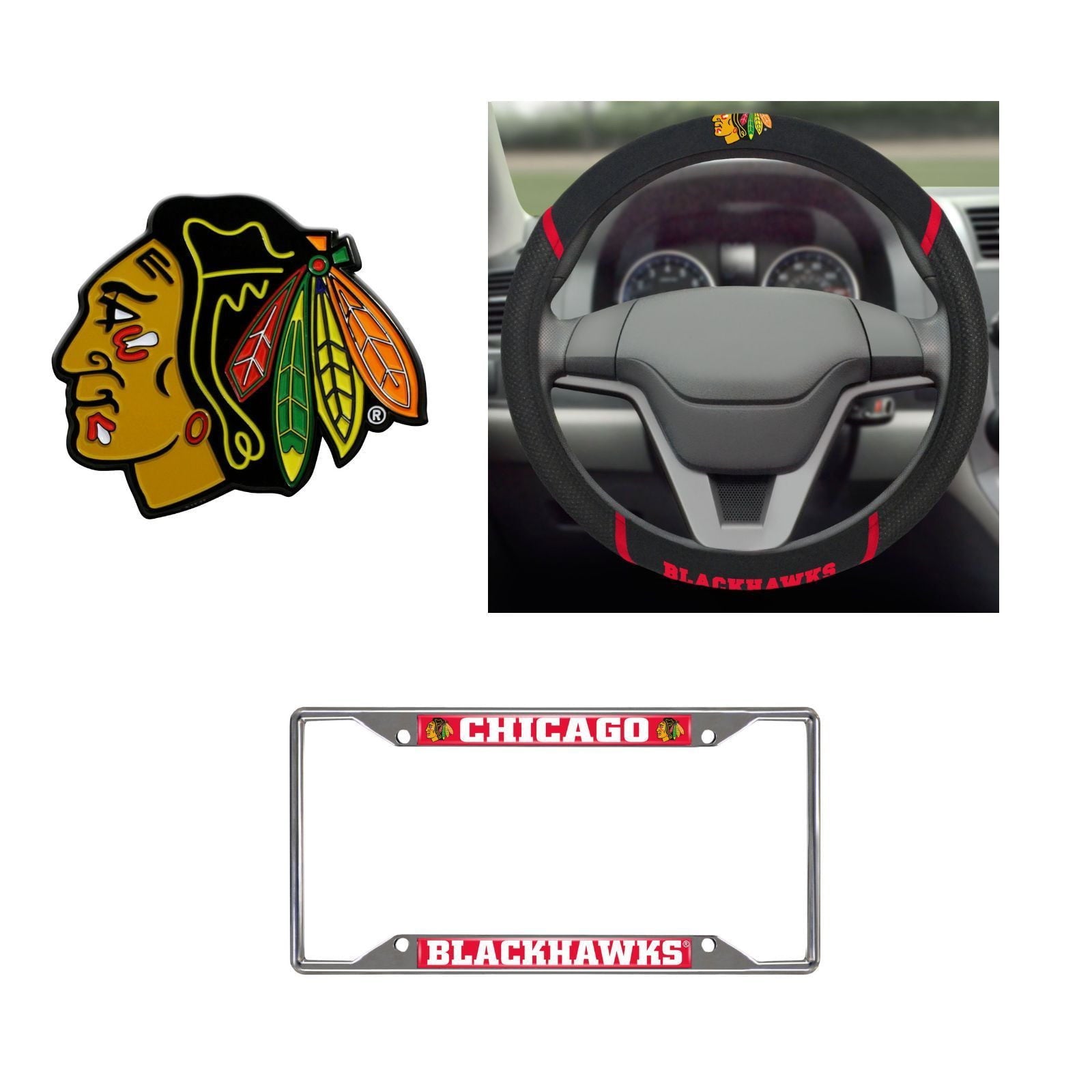 Chicago Blackhawks Steering Wheel Cover, License Plate Frame, 3D Color Emblem