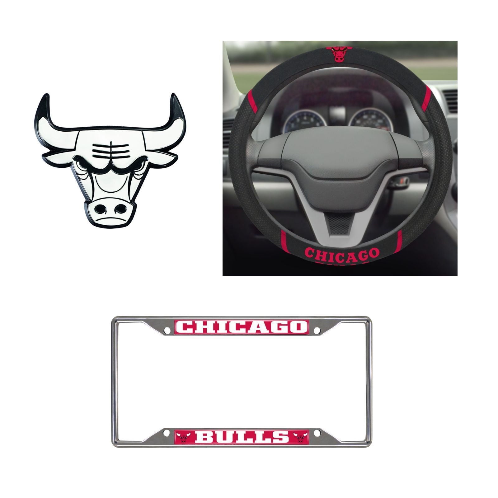 Chicago Bulls Steering Wheel Cover, License Plate Frame, 3D Chrome Emblem