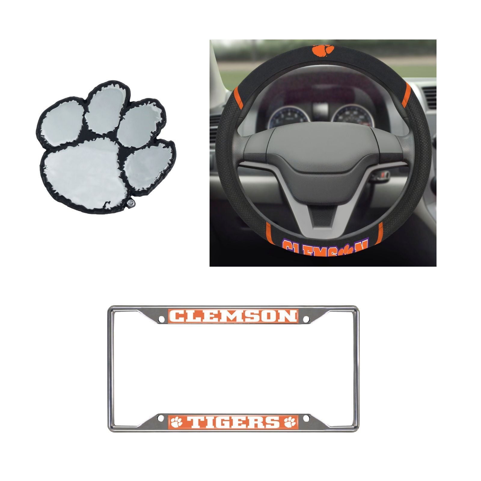 Clemson Tigers Steering Wheel Cover, License Plate Frame, 3D Chrome Emblem