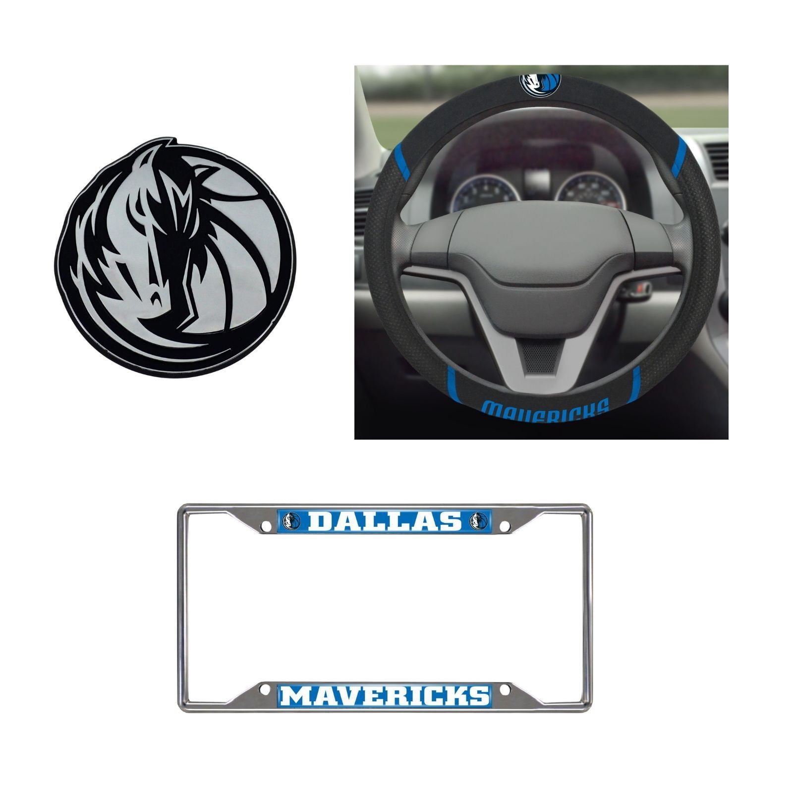 Dallas Mavericks Steering Wheel Cover, License Plate Frame, 3D Chrome Emblem