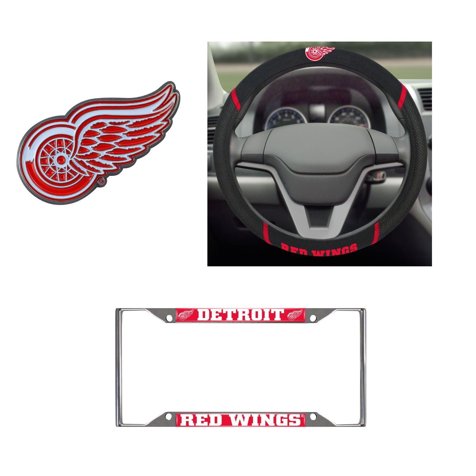 Detroit Red Wings Steering Wheel Cover, License Plate Frame, 3D Color Emblem