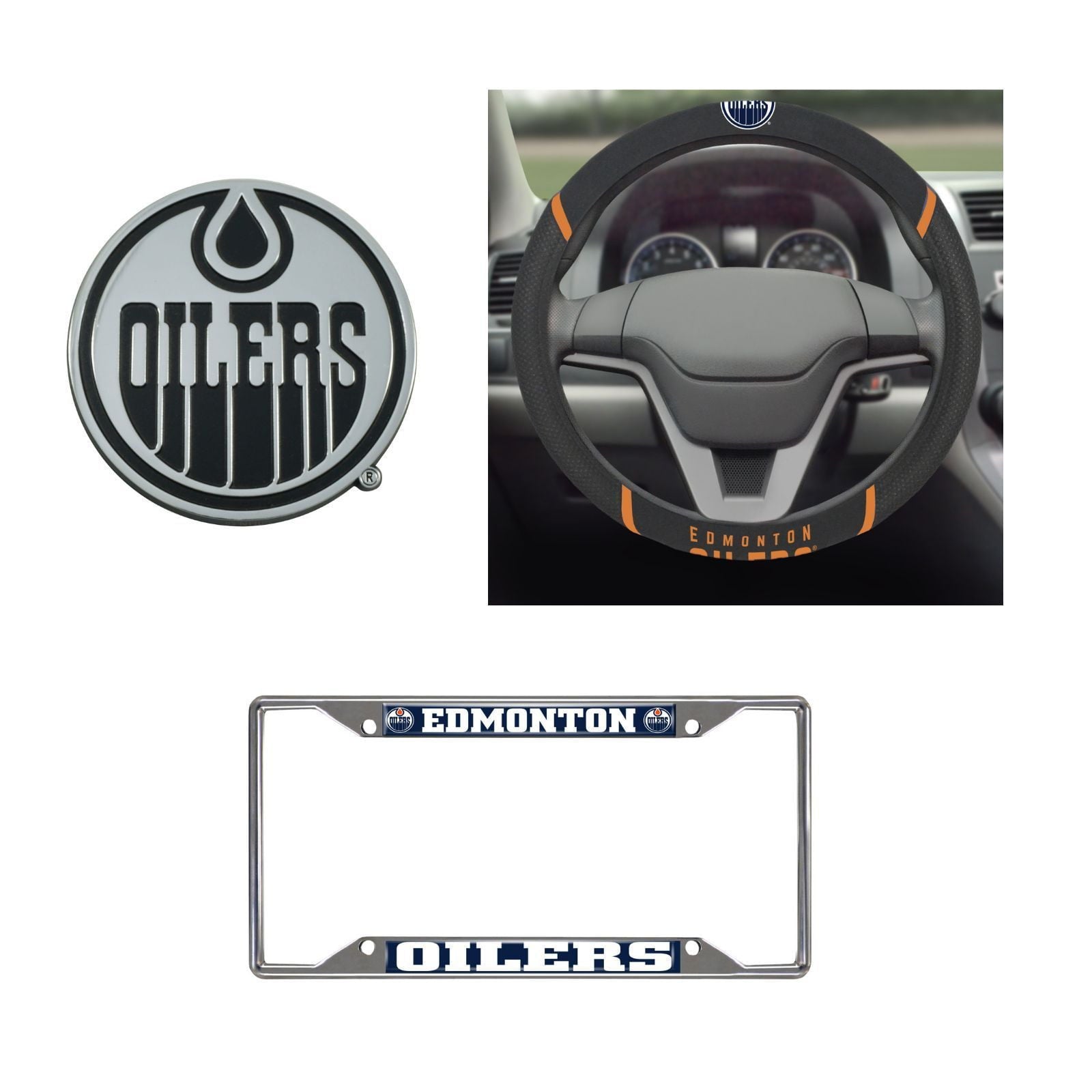 Edmonton Oilers Steering Wheel Cover, License Plate Frame, 3D Chrome Emblem