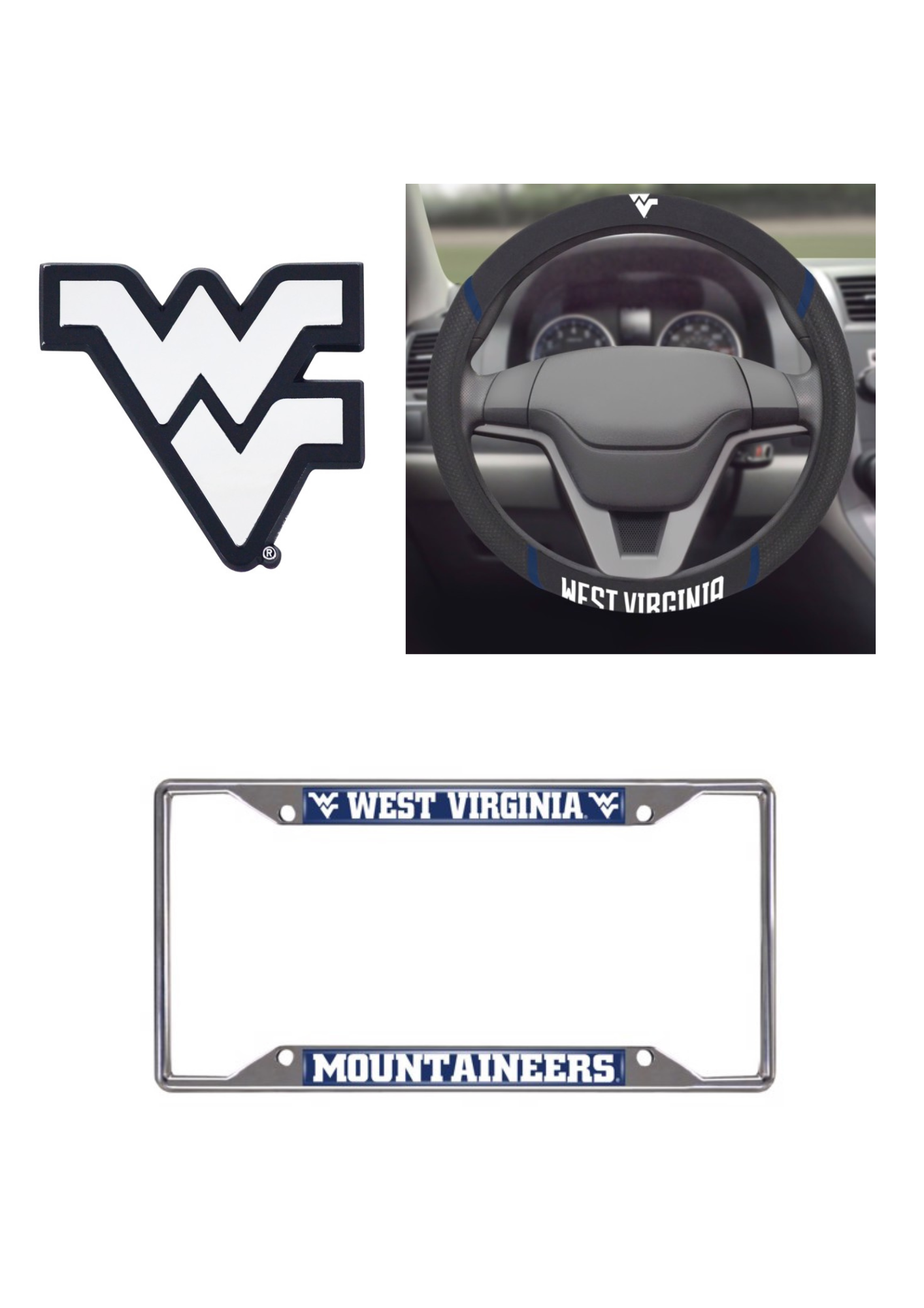 West Virginia Mountaineers Steering Wheel Cover, License Plate Frame, 3D Chrome Emblem