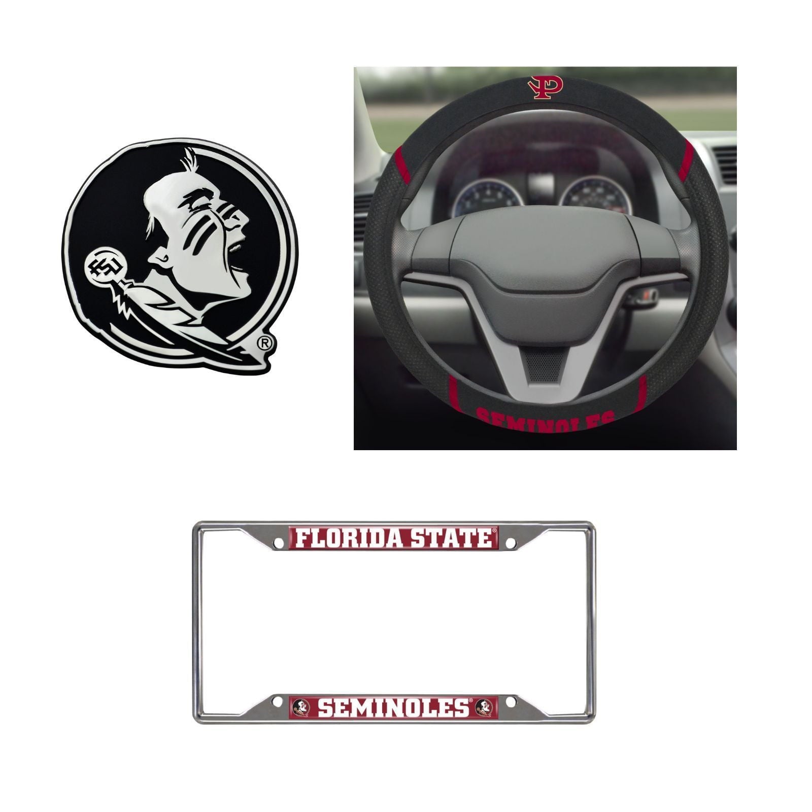 Florida Seminoles Steering Wheel Cover, License Plate Frame, 3D Chrome Emblem