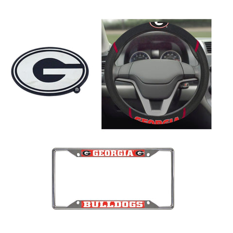 Georgia Bulldogs Steering Wheel Cover, License Plate Frame, 3D Chrome Emblem