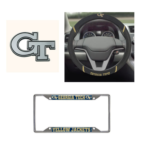 Georgia Tech Yellow Jackets Steering Wheel Cover, License Plate Frame, 3D Chrome Emblem