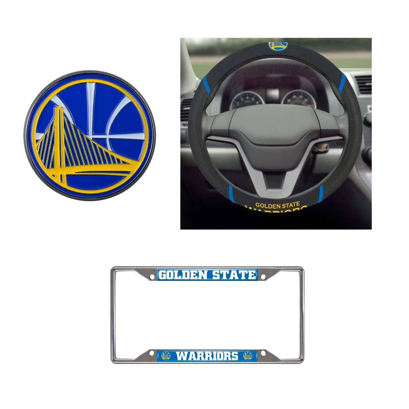 Golden State Warriors Steering Wheel Cover, License Plate Frame, 3D Color Emblem