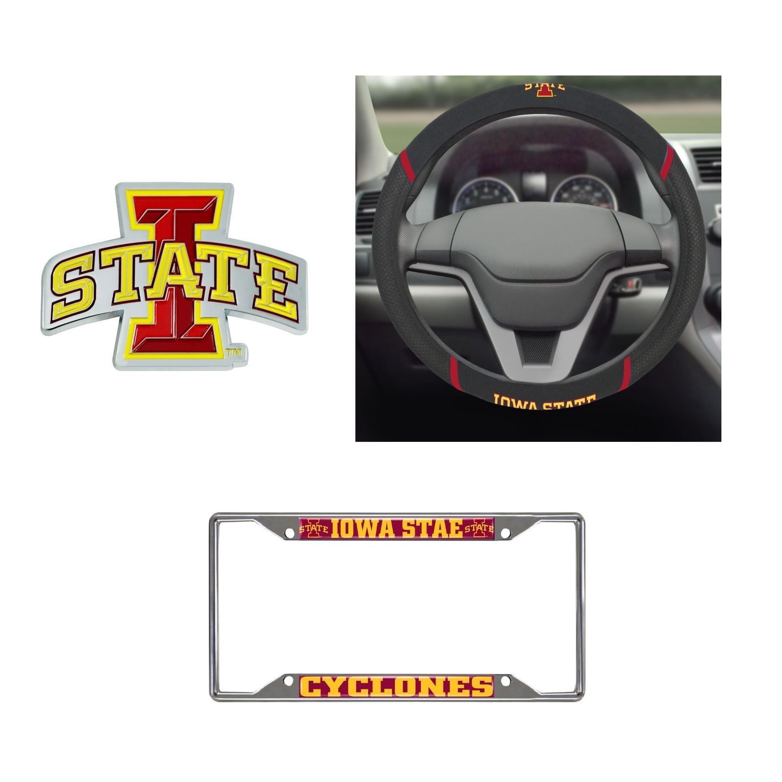 Iowa State Cyclones Steering Wheel Cover, License Plate Frame, 3D Color Emblem