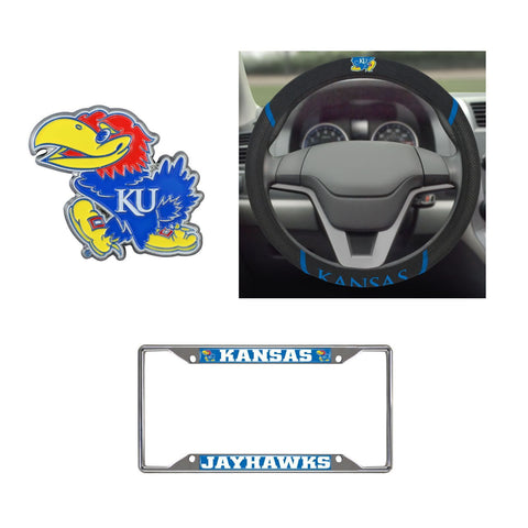 Kansas Jayhawks Steering Wheel Cover, License Plate Frame, 3D Color Emblem