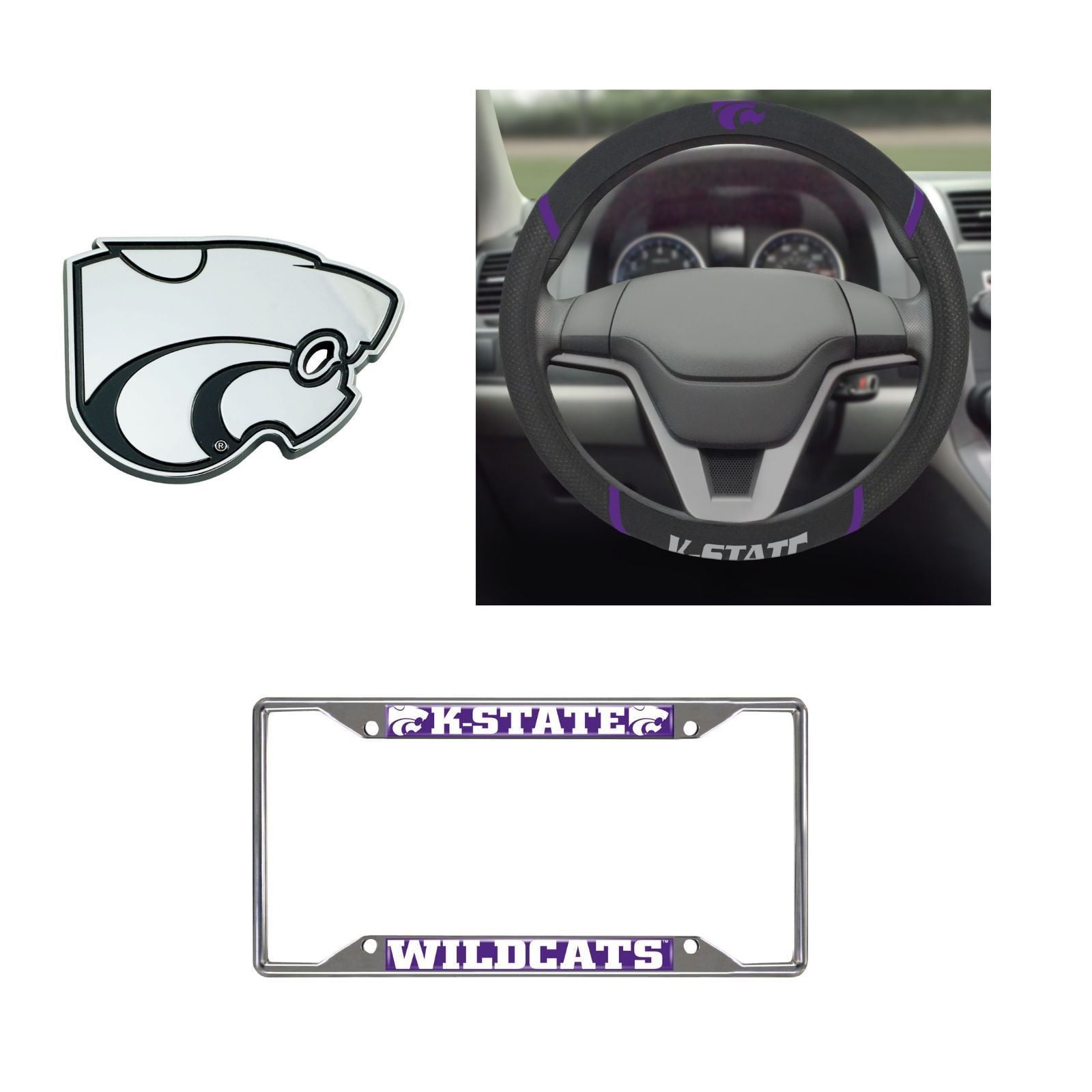 Kansas State Wildcats Steering Wheel Cover, License Plate Frame, 3D Chrome Emblem
