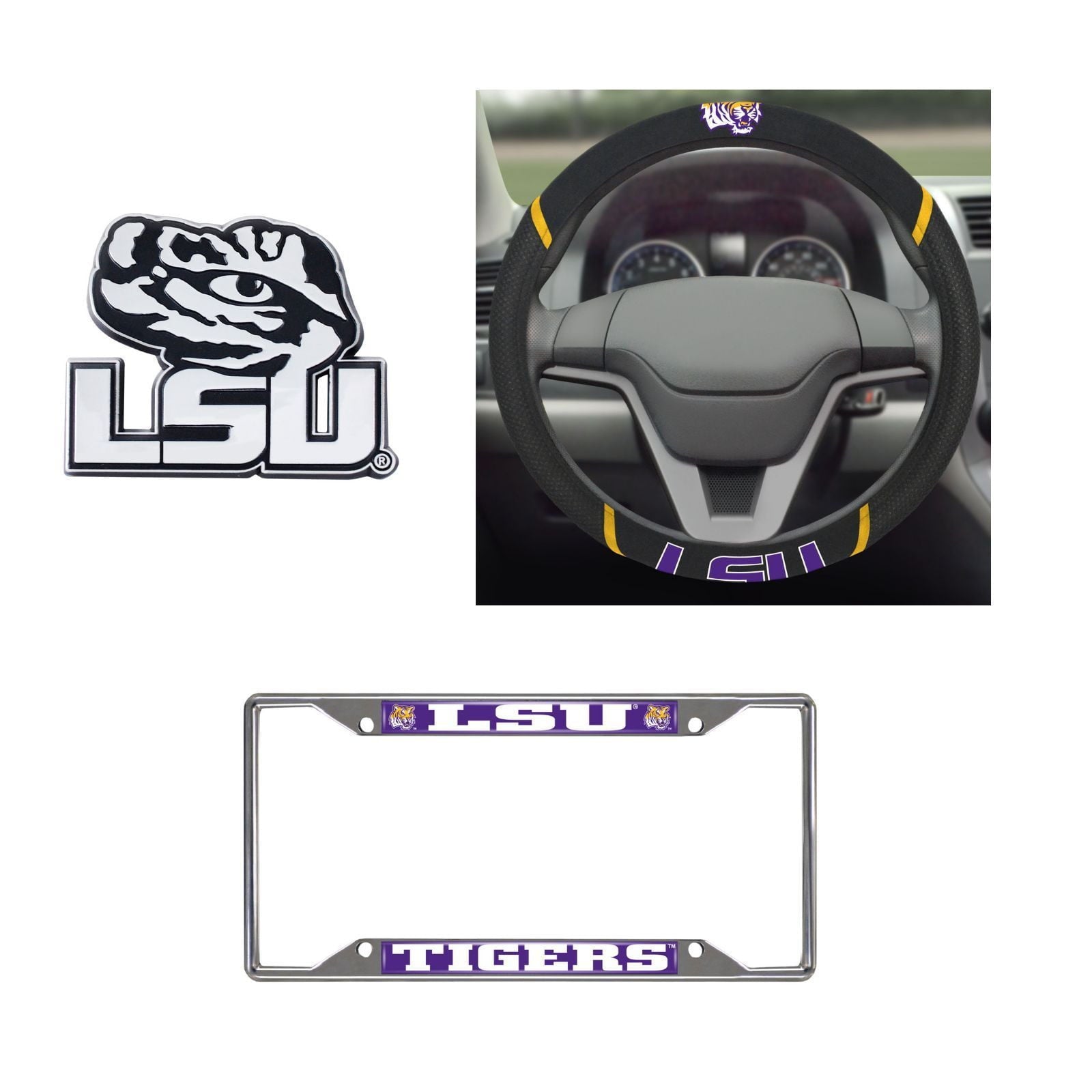 LSU Tigers Steering Wheel Cover, License Plate Frame, 3D Chrome Emblem