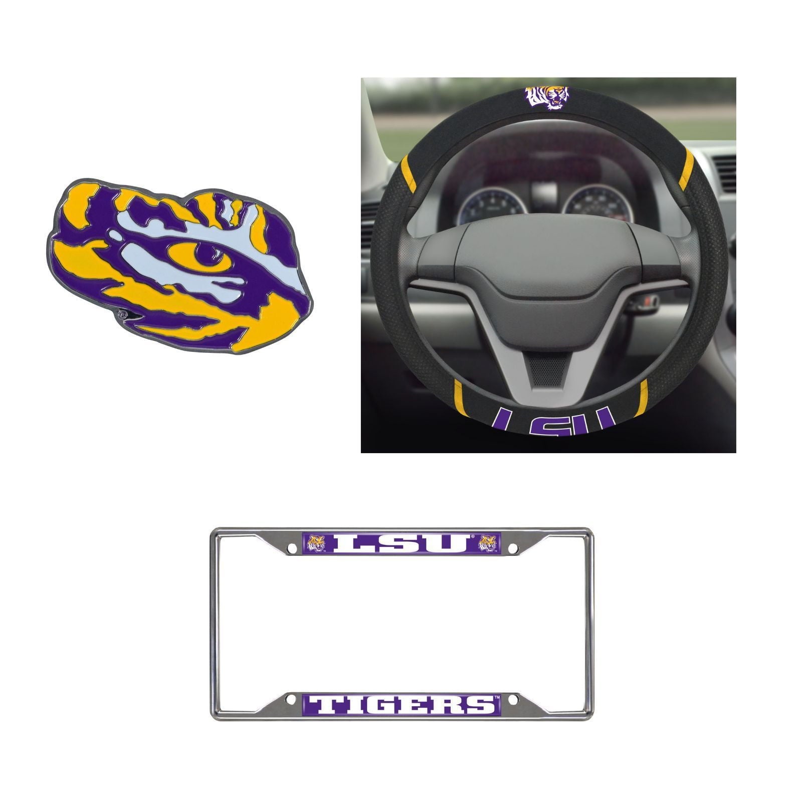 LSU Tigers Steering Wheel Cover, License Plate Frame, 3D Color Emblem
