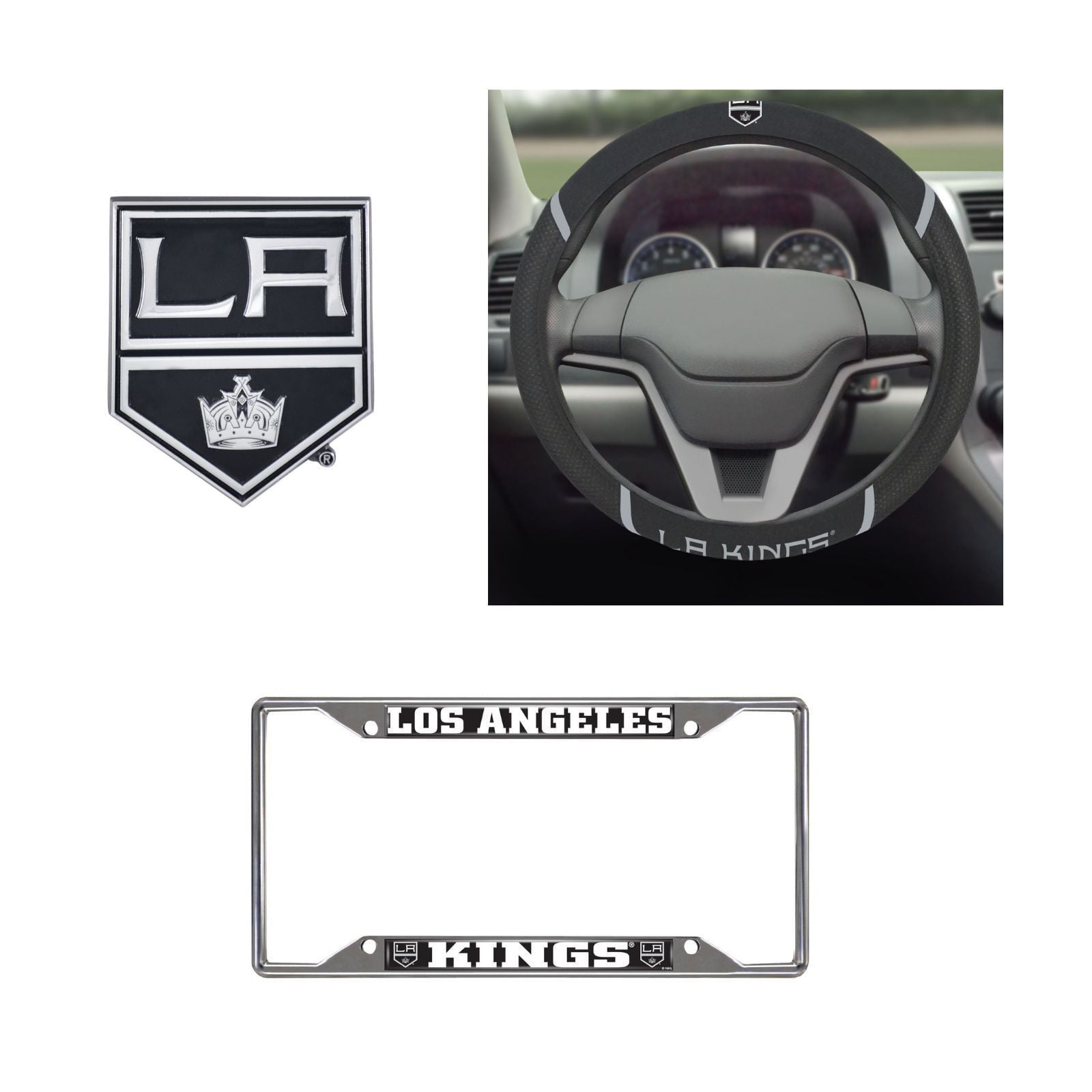 Los Angeles Kings Steering Wheel Cover, License Plate Frame, 3D Chrome Emblem