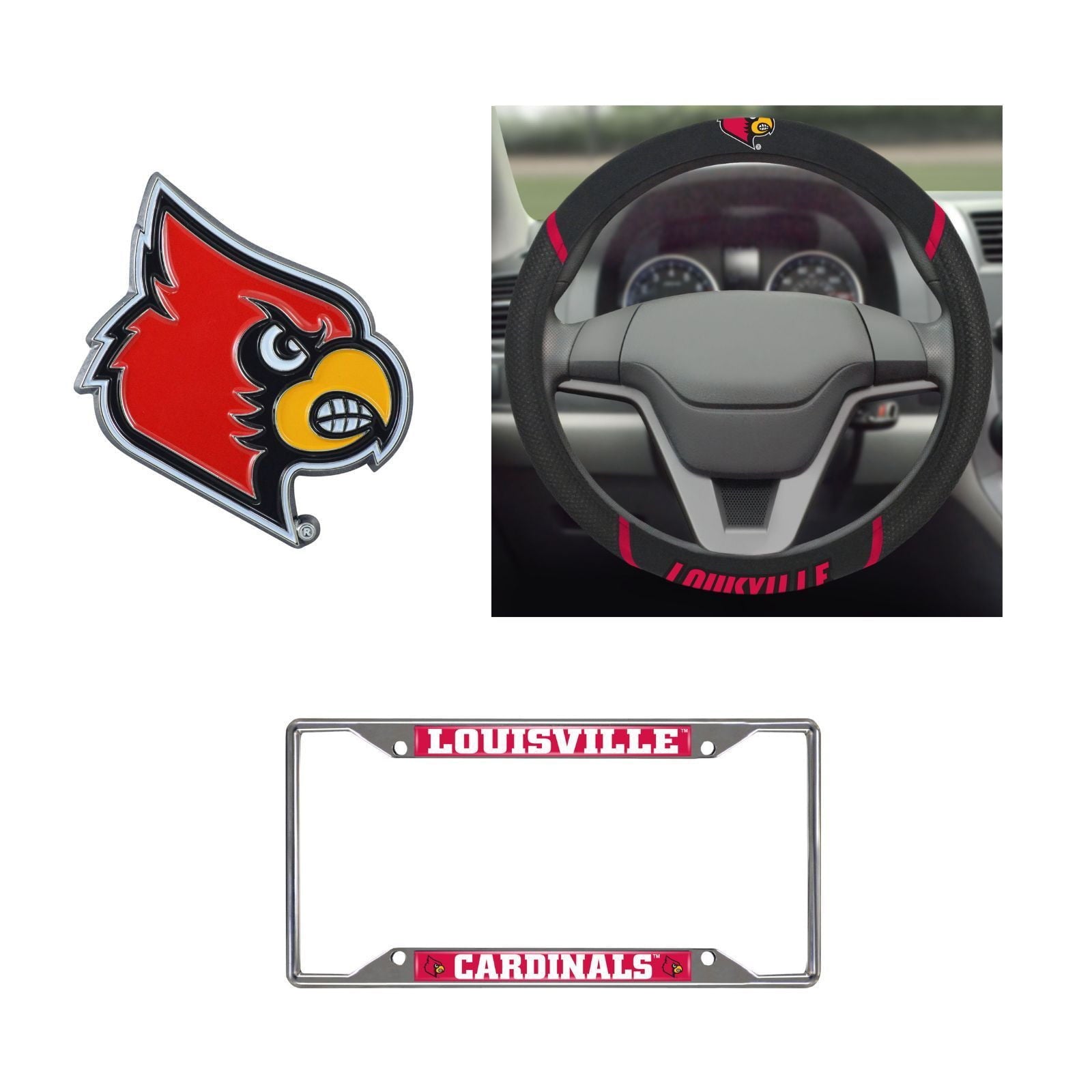 Louisville Cardinals Steering Wheel Cover, License Plate Frame, 3D Color Emblem