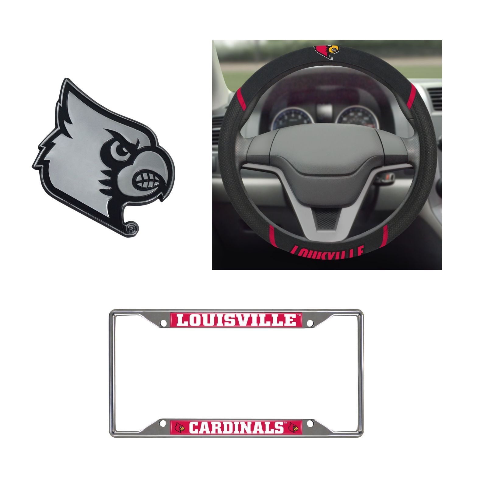 Louisville Cardinals Steering Wheel Cover, License Plate Frame, 3D Chrome Emblem