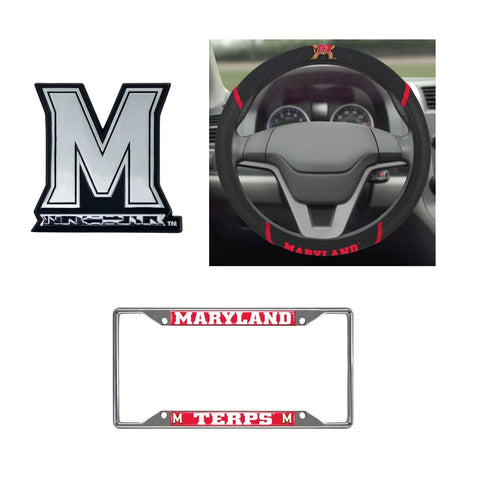 Maryland Terps Steering Wheel Cover, License Plate Frame, 3D Chrome Emblem