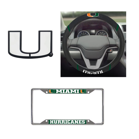 Miami Hurricanes Steering Wheel Cover, License Plate Frame, 3D Chrome Emblem
