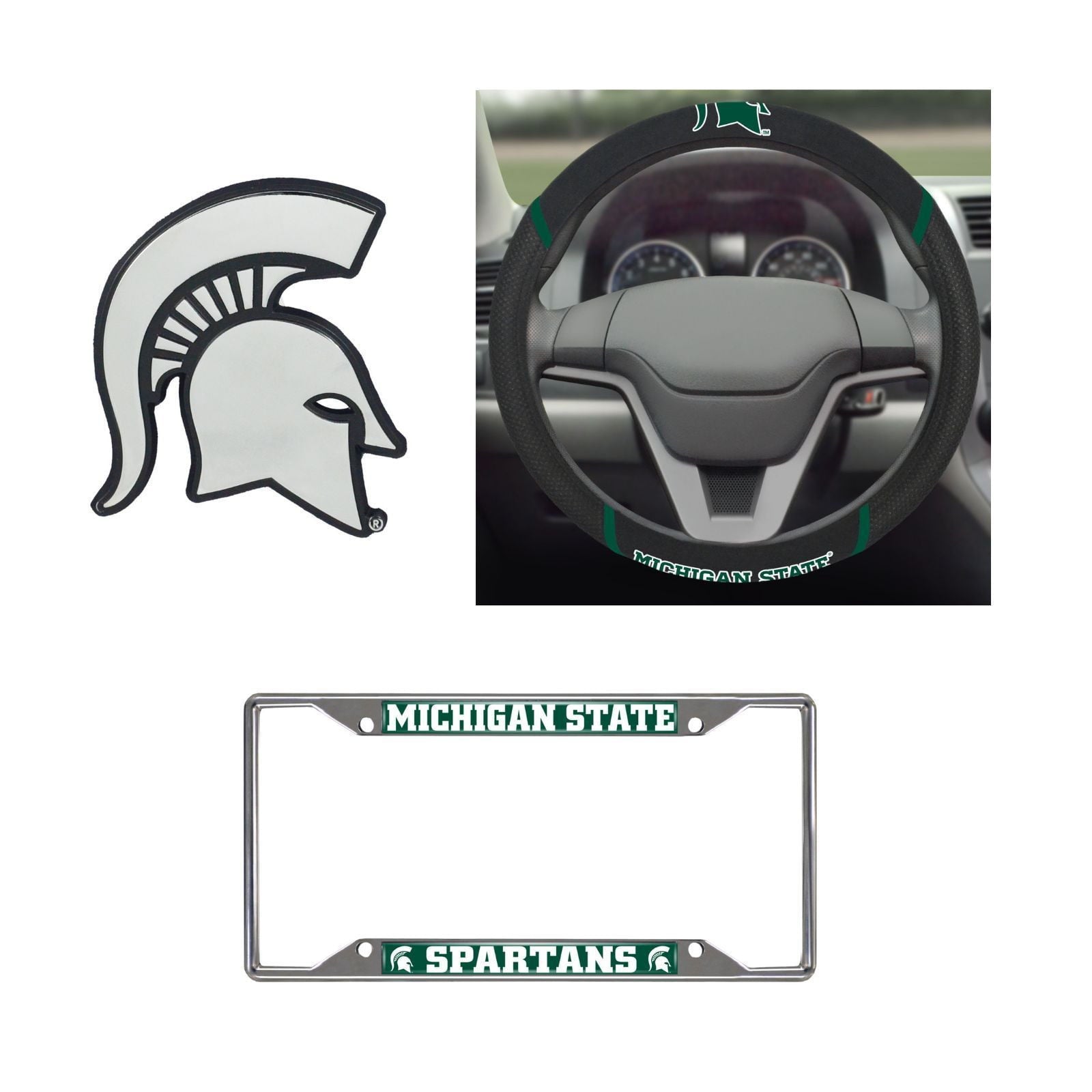 Michigan State Spartans Steering Wheel Cover, License Plate Frame, 3D Chrome Emblem