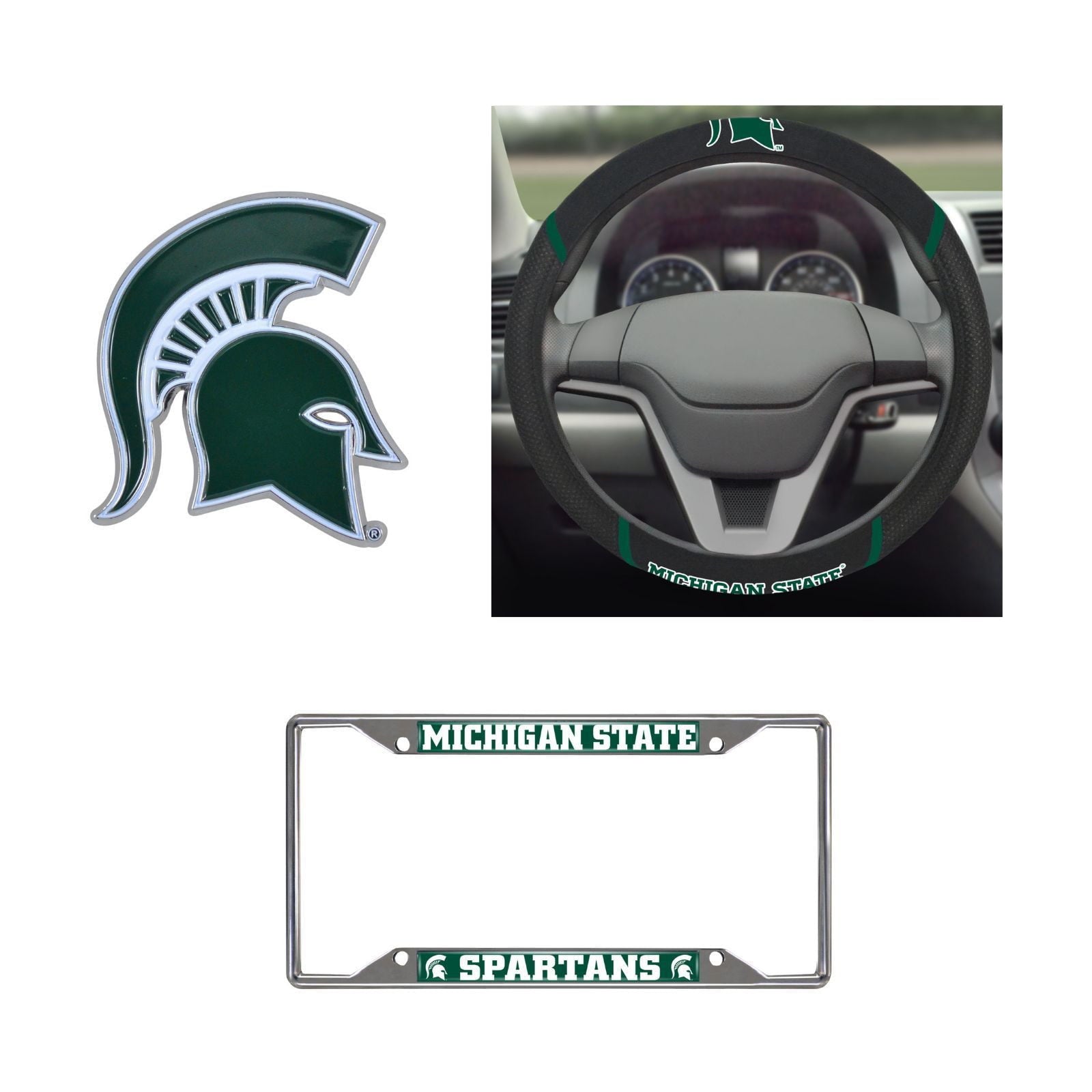 Michigan State Spartans Steering Wheel Cover, License Plate Frame, 3D Color Emblem