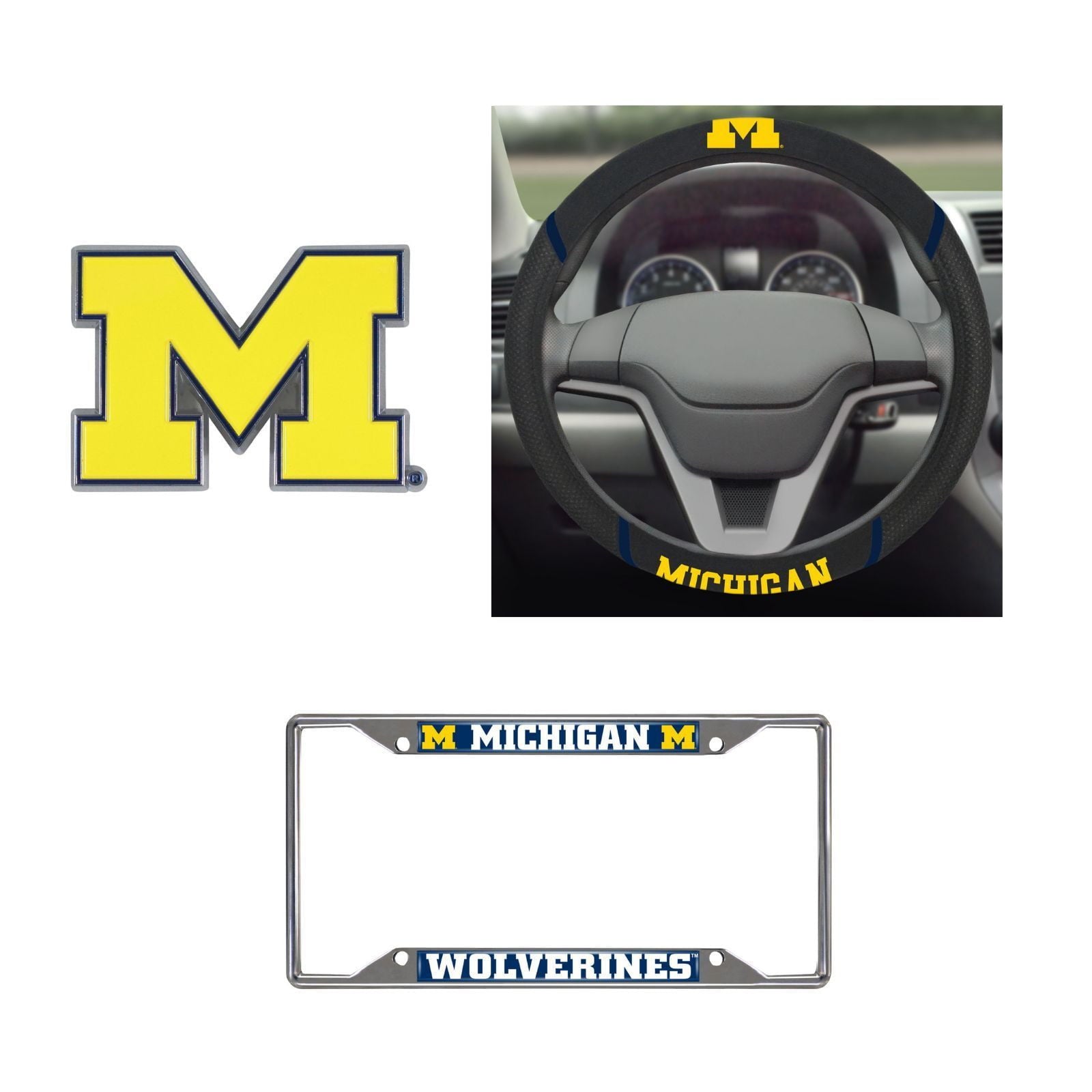 Michigan Wolverines Steering Wheel Cover, License Plate Frame, 3D Color Emblem