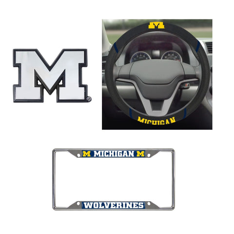 Michigan Wolverines Steering Wheel Cover, License Plate Frame, 3D Chrome Emblem
