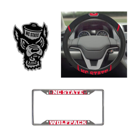 NC State Wolfpack Steering Wheel Cover, License Plate Frame, 3D Chrome Emblem