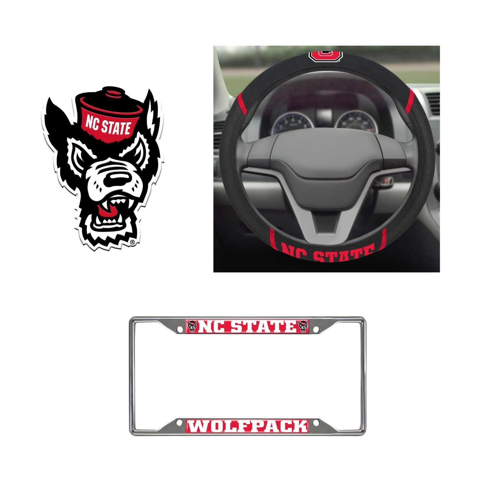 NC State Wolfpack Steering Wheel Cover, License Plate Frame, 3D Color Emblem