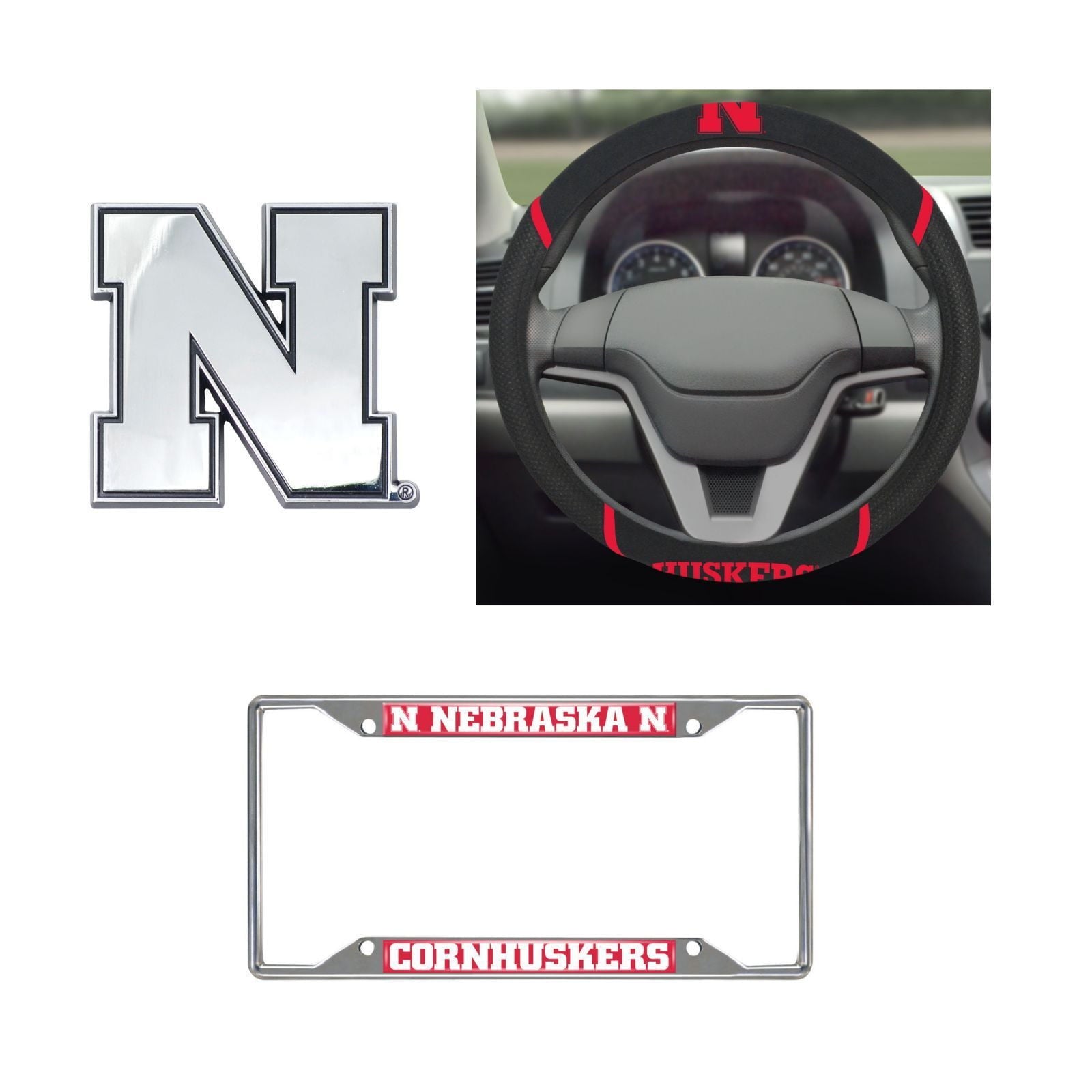 Nebraska Cornhuskers Steering Wheel Cover, License Plate Frame, 3D Chrome Emblem
