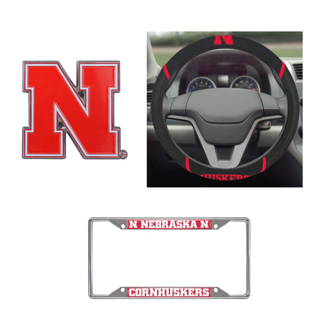 Nebraska Cornhuskers Steering Wheel Cover, License Plate Frame, 3D Color Emblem