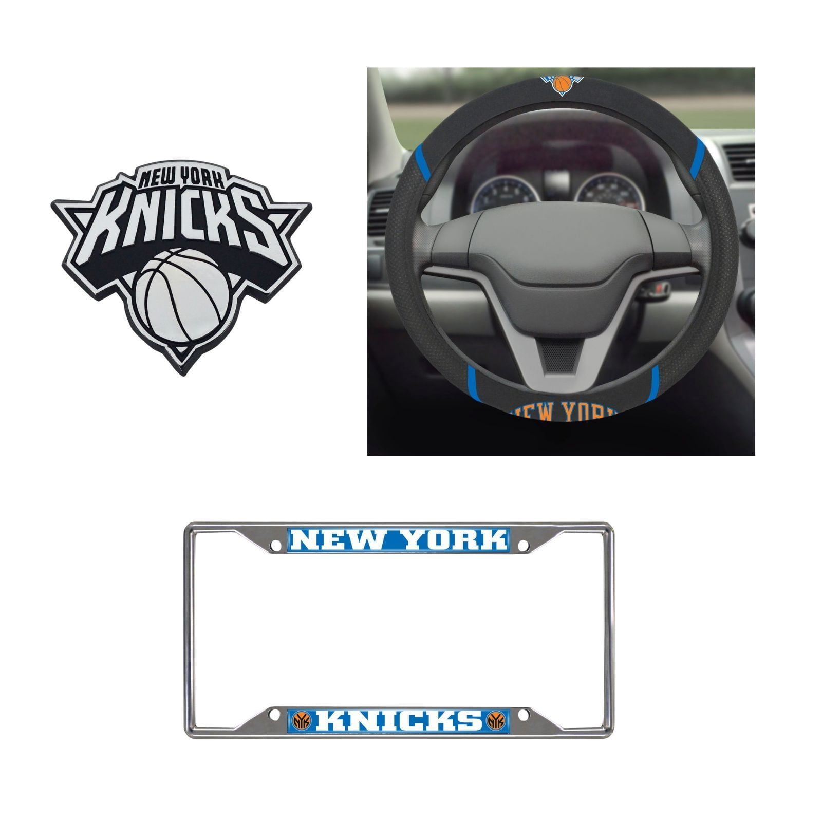 New York Knicks Steering Wheel Cover, License Plate Frame, 3D Chrome Emblem