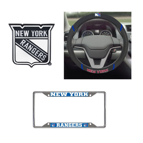 New York Rangers Steering Wheel Cover, License Plate Frame, 3D Chrome Emblem