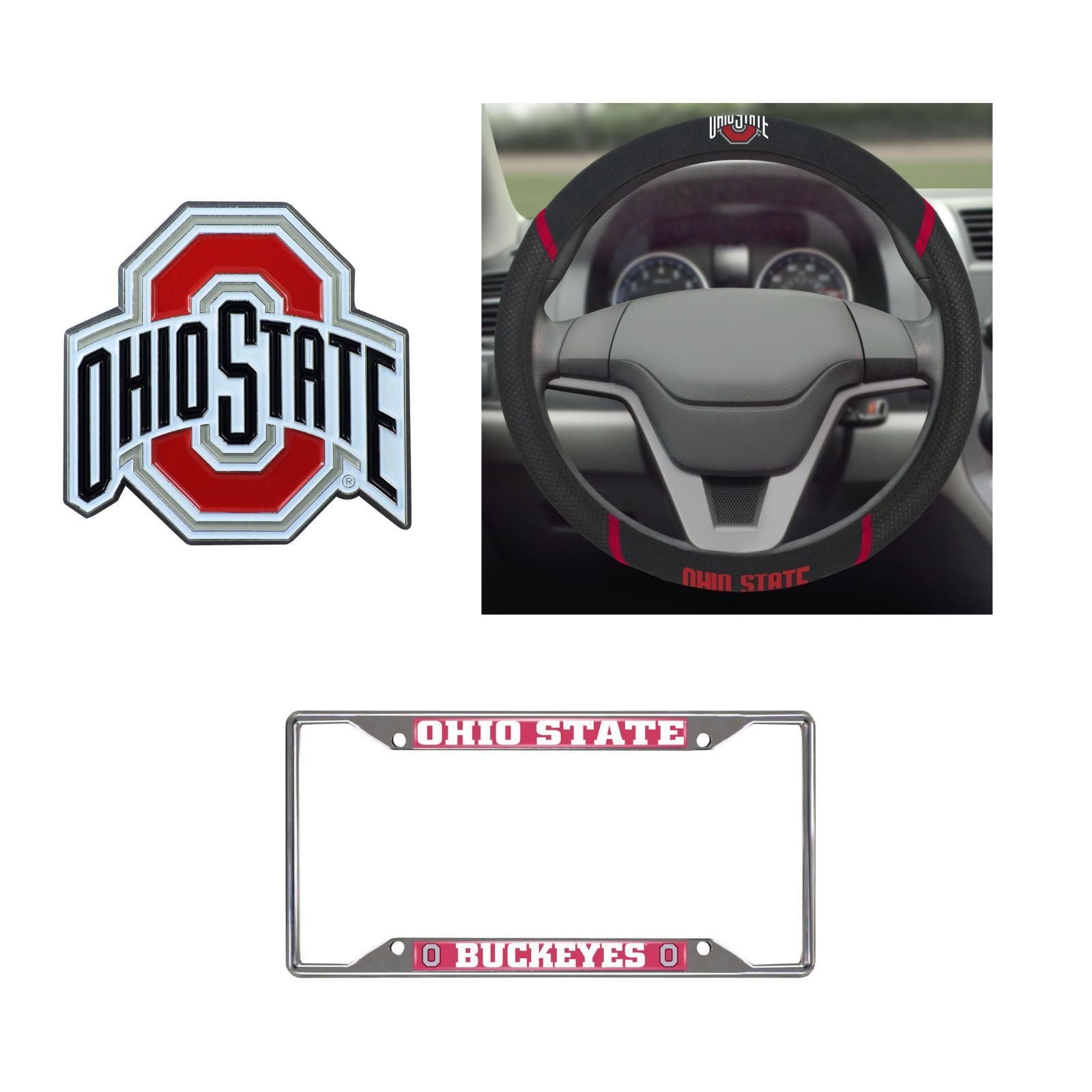 Ohio State Buckeyes Steering Wheel Cover, License Plate Frame, 3D Color Emblem
