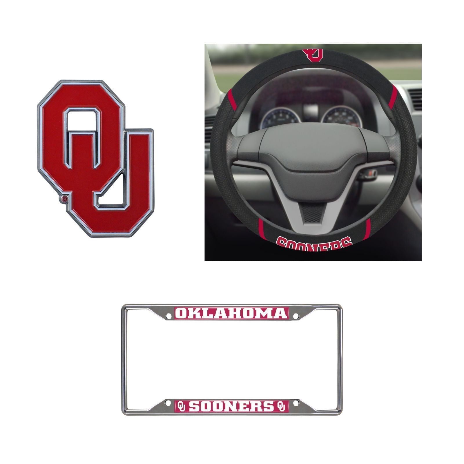 Oklahoma Sooners Steering Wheel Cover, License Plate Frame, 3D Color Emblem