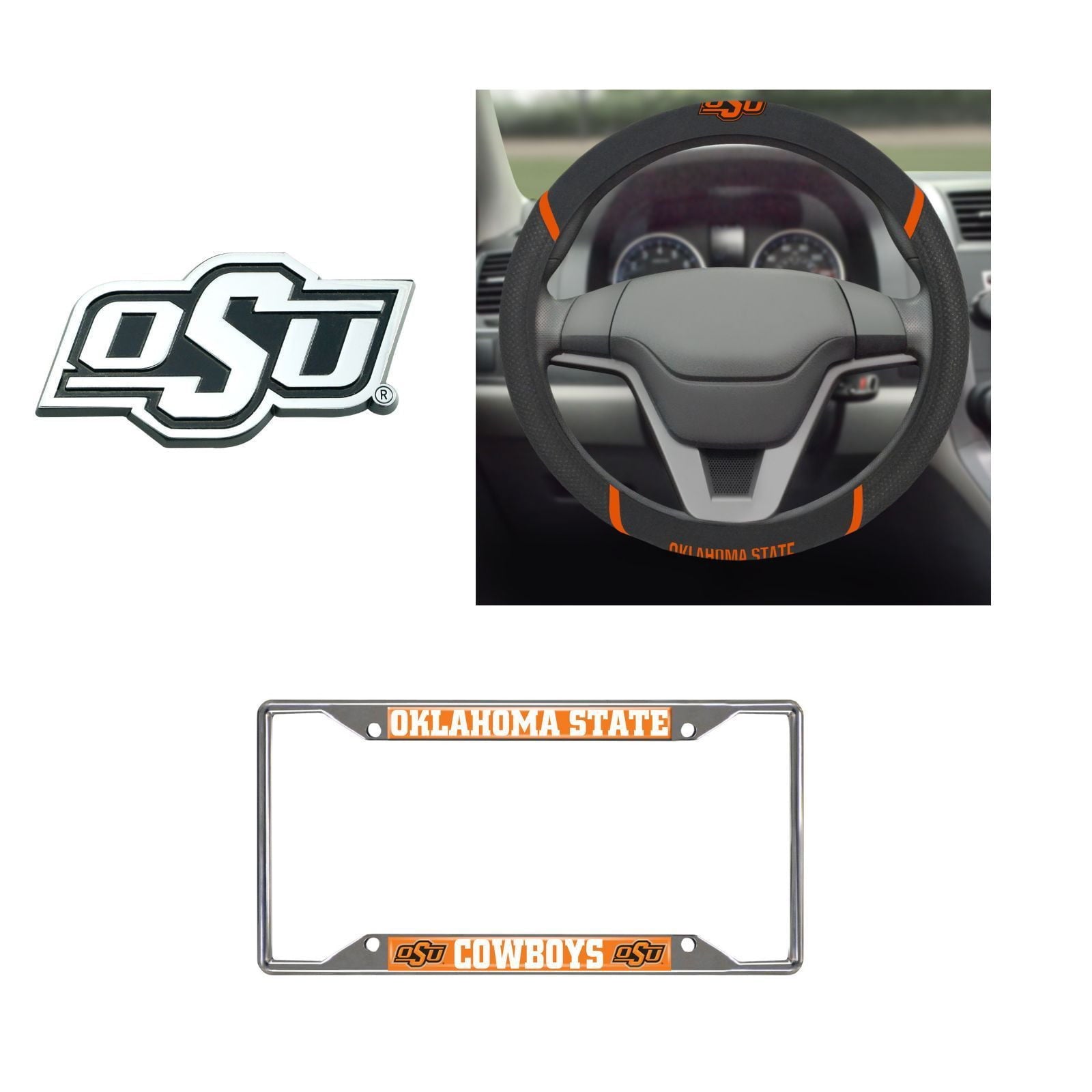 Oklahoma State Cowboys Steering Wheel Cover, License Plate Frame, 3D Chrome Emblem