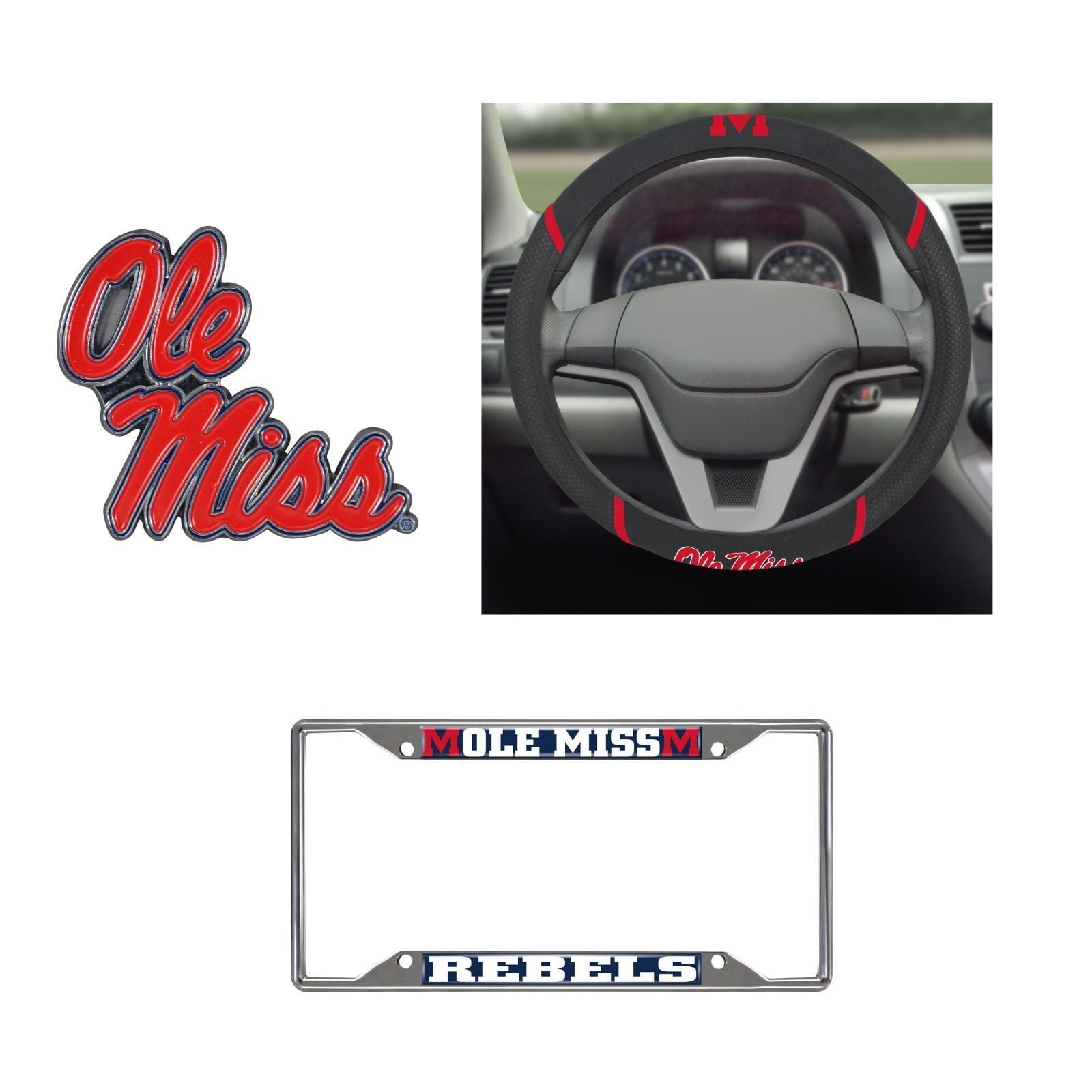 Ole Miss Rebels Steering Wheel Cover, License Plate Frame, 3D Color Emblem