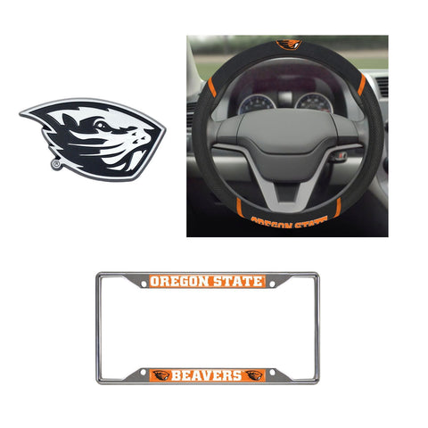 Oregon State Beavers Steering Wheel Cover, License Plate Frame, 3D Chrome Emblem