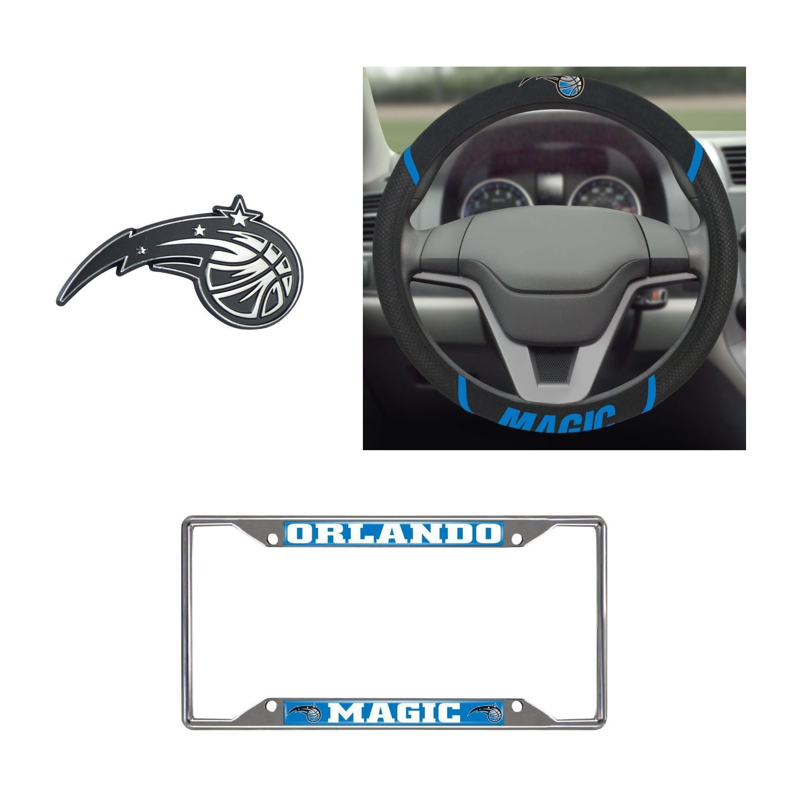 Orlando Magic Steering Wheel Cover, License Plate Frame, 3D Chrome Emblem