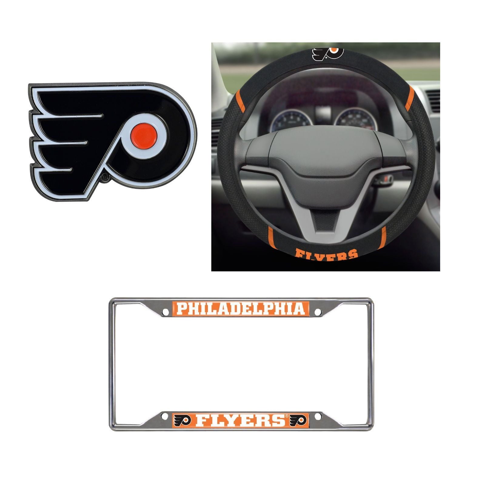 Philadelphia Flyers Steering Wheel Cover, License Plate Frame, 3D Color Emblem