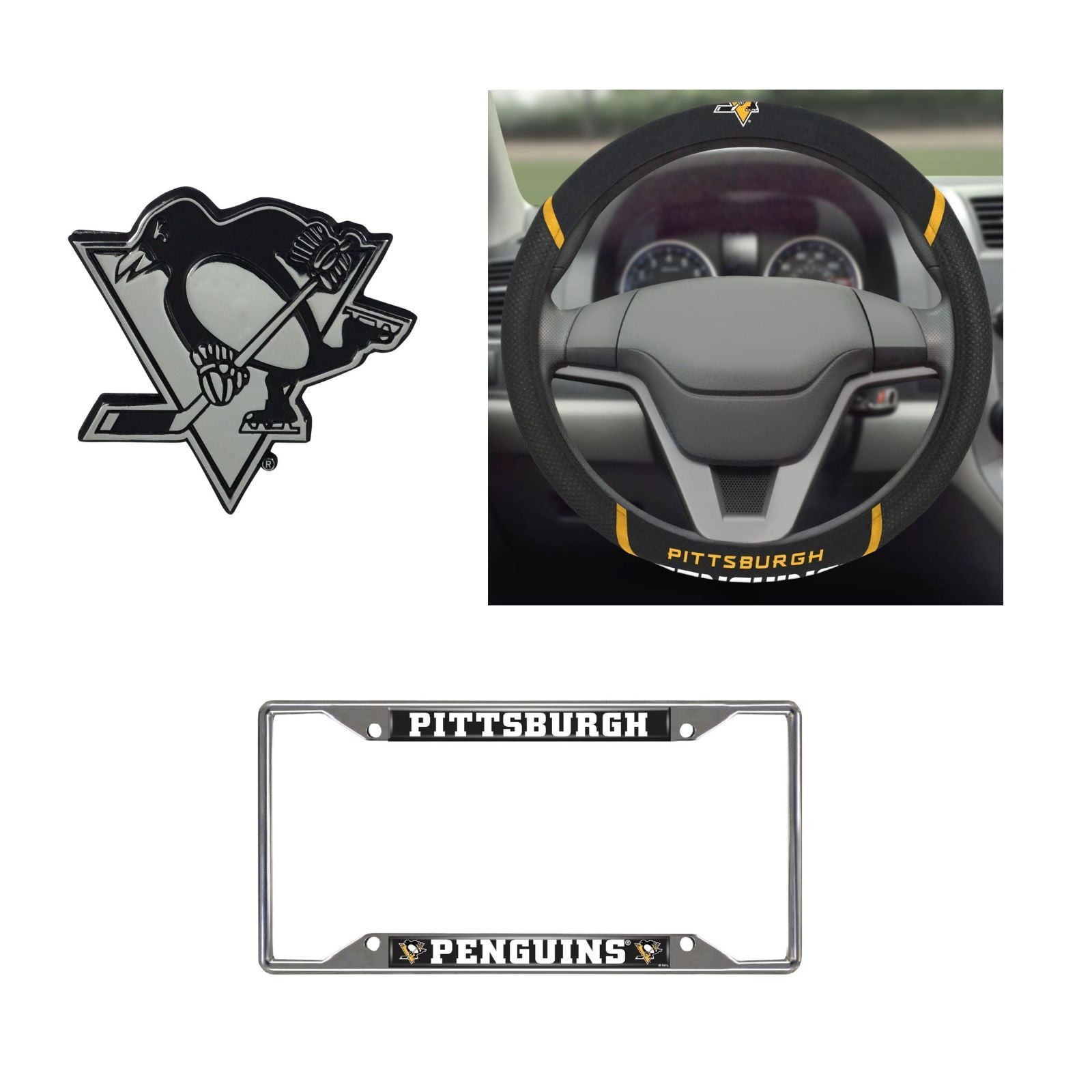 Pittsburgh Penguins Steering Wheel Cover, License Plate Frame, 3D Chrome Emblem